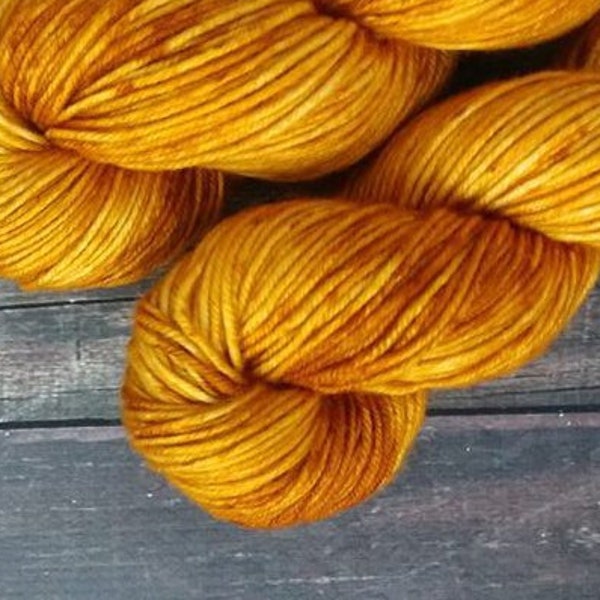RTS Helios Mythical Gods Collection SW DK Light Worsted Weight Yarn Dark Yellow Gold Semi Solid Tonal Speckle Superwash Merino Wool