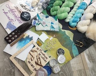 RTS Mountains are Calling: Adventure Awaits Project Kit Knit Shawl and Hat Patterns Yarn Notions Fingering Sock Yarn DK Light Worsted Yarn