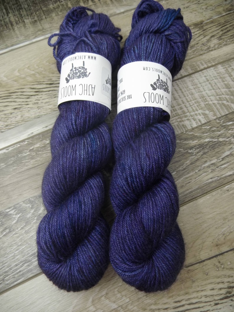 RTS Morpheus Yak Silk DK Yarn Light Worsted Weight Superwash Merino Wool Silk Yak Yarn Blue Purple image 1