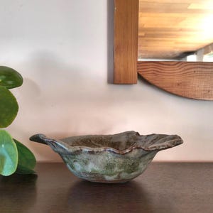Signed Studio Pottery Stoneware Bowl - E.M. & M.F. - Organic Wavy Edge - Earthy Green Glaze - 8.2"