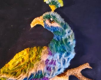 Vintage Indian Peafowl / Peacock Punch Needle Embroidery on Black Velvet / Wall Decor