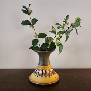 Pode incluir: Um vaso de cerâmica com base alargada e gargalo estreito, apresentando um esquema de cores castanho e amarelo com um padrão decorativo. Contém ramos de folhas verdes com bagas brancas, criando um arranjo natural.