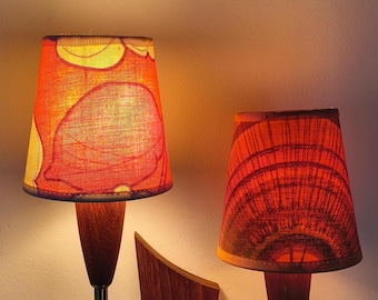Pair of Vintage 1970s Mini Lampshades - Psychedelic Pink/Orange & Faux Wood Grain
