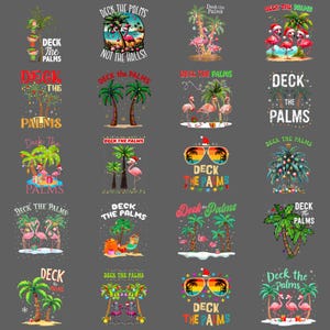 Könnte beinhalten: Eine Sammlung von weihnachtlichen Grafiken mit Palmen, Flamingos und Sonnenbrillen. Der Text "Deck the Palms" wird in verschiedenen Schriftarten und Farben angezeigt, wodurch ein festliches tropisches Urlaubsthema entsteht.