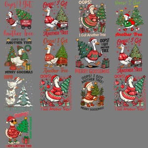 Könnte beinhalten: Eine Sammlung weihnachtlicher Grafiken mit Gänsen, die Weihnachtsmützen und -pullover tragen und Weihnachtsbäume und Geschenke tragen. Der Text enthält "Oops! I Got Another Tree" und "Merry Goosemas."