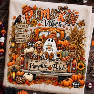 May include: A cream-coloured fabric featuring a graphic of an orange truck filled with pumpkins, a ghost wearing a beanie, and a golden retriever puppy. The text reads PUMPKIN VIBES and MEET ME AT THE PUMPKIN PATCH, alongside signs for HAY RIDES and CORN MAZE.