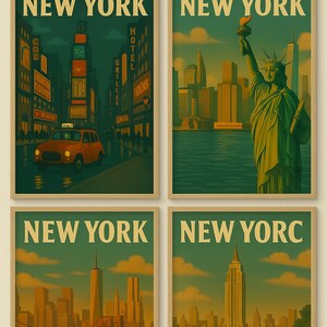 Peut inclure: Quatre affiches de voyage encadrées de style vintage avec le texte "NEW YORK" en police serif. Chaque affiche représente une scène différente de New York, dont Times Square, la Statue de la Liberté, un pont et l'Empire State Building.
