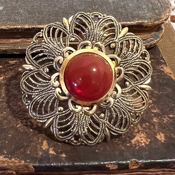 Vintage Carnelian Glass Scarf Clip Filigree Scarf Clip