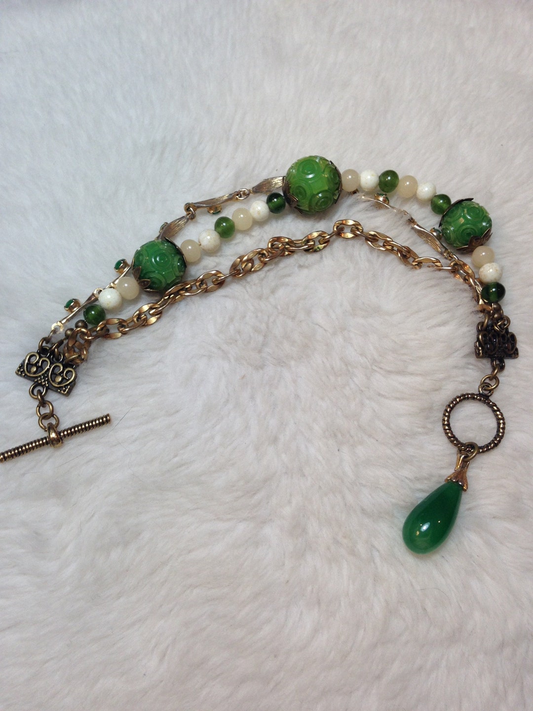 Green Beaded and Chain Assemblage Bracelet - Etsy