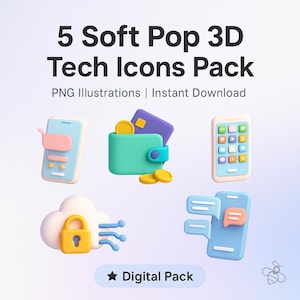 May include: A digital illustration featuring five 3D tech icons in a soft pop style. The icons include smartphones, a wallet with coins and a credit card, a cloud with a lock, and speech bubbles. The text reads "5 Soft Pop 3D Tech Icons Pack".