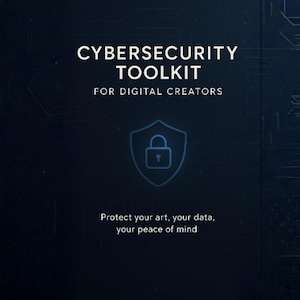 Può includere: Grafica blu scuro con testo bianco: "CYBERSECURITY TOOLKIT FOR DIGITAL CREATORS". Un'icona a scudo blu con un lucchetto è centrata sotto. Il testo "Protect your art, your data, your peace of mind" è in basso.