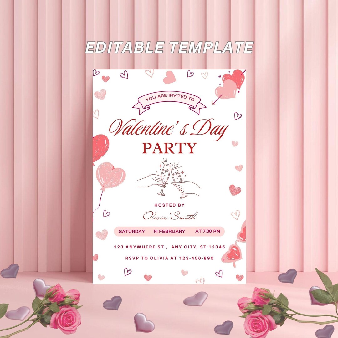 Valentine’s Day Party Invitation Template: Romantic Pink Hearts ...