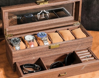 TWO Layers 6 Slot Personalized Men's Watch Box | with Drawer Watch Display Case for 6 Watches |Grain Leather watch box|Anniversary for Him
