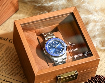 Personalized Wooden Watch Box, Engraved Glass Display Case for Men, Single Watch Holder Storage, Anniversary Gift for Husband