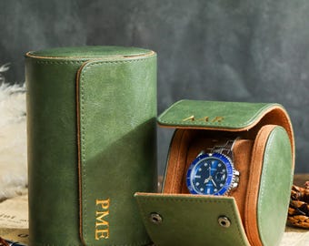 Personalisierte Leder Uhrenbox, Grünes Leder Uhrenetui, Uhrenrolle für 3 Uhren, Hochzeit Groomsmen Geschenke, Uhrenetui, Geschenk für Männer