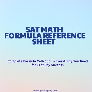 Op de afbeelding: Een blad met de tekst "SAT MATH FORMULA REFERENCE SHEET" in donkerblauw. Daaronder staat "Complete Formula Collection - Everything You Need for Test Day Success." De achtergrond heeft een verloop van blauw, roze en geel.