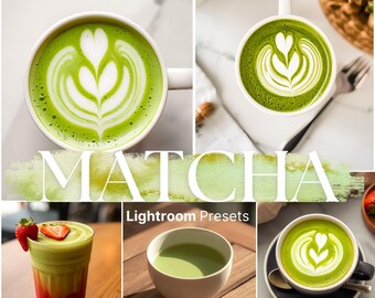 May include: A collage of matcha drinks, including lattes with latte art, a layered smoothie with a strawberry garnish, and a bowl of matcha. The word "Matcha" is displayed in large white letters across the center of the image. The text "Lightroom Presets" is also visible.