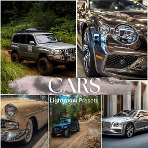 Puede incluir: Un collage de imágenes con varios coches. Las imágenes incluyen un SUV plateado en un camino de tierra, un coche de lujo negro, un coche amarillo clásico, un Jeep azul oscuro y un sedán plateado. Se muestra la palabra "CARS".