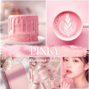 May include: A collage of pink-themed images. A cake with pink frosting, a cup of pink latte art, a pink notebook, and beauty products. The word "PINKY" is displayed in white text. "Lightroom Presets" is also displayed.