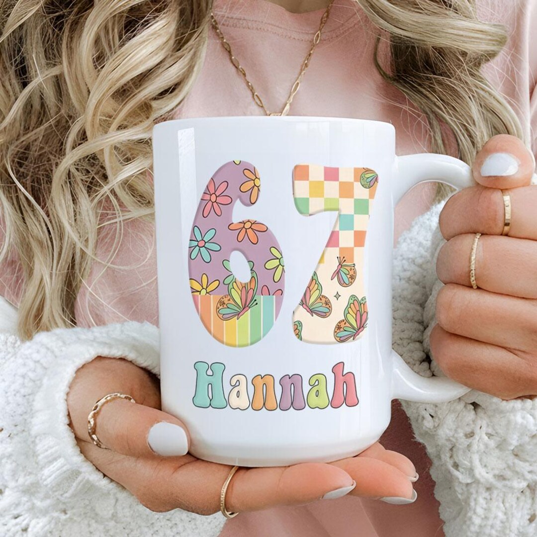 Personalized Mug With Name, Funny 67 Meme, Retro Floral Number Coffee ...