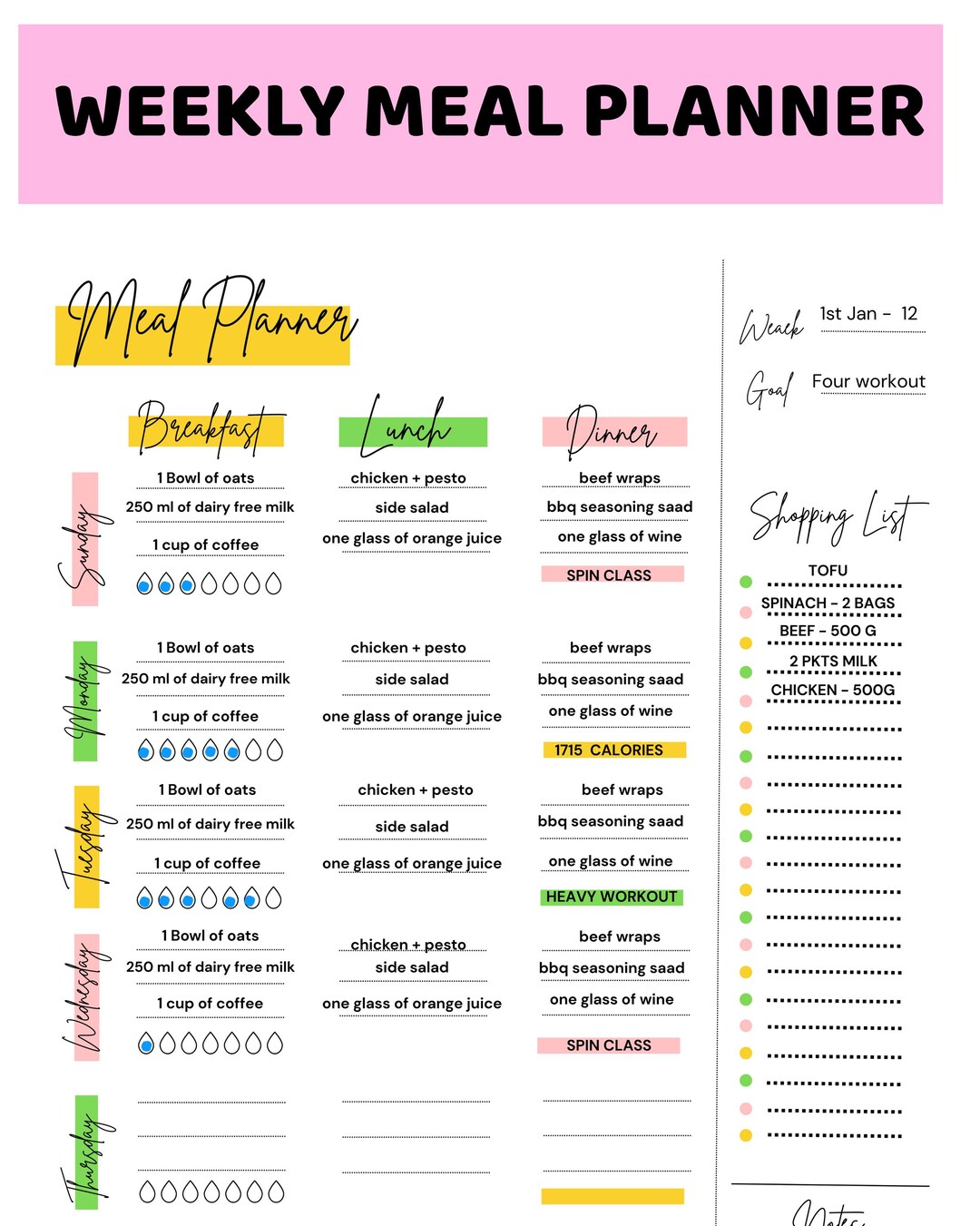 Colorful Weekly Meal Planner Printable, Food Diary (digital Download ...