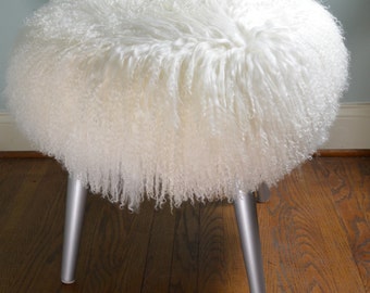 Mongolian Lamb Stool Mid Century Silver wood legs New Tibet Lamb Fur  Sheepskin Footstool Ottoman