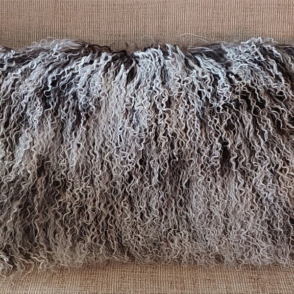 Mongolian lamb 2 tone Dark Brown Bright White Tips  tibetan Lamb fur Pillow new   authentic tibet cushion insert included