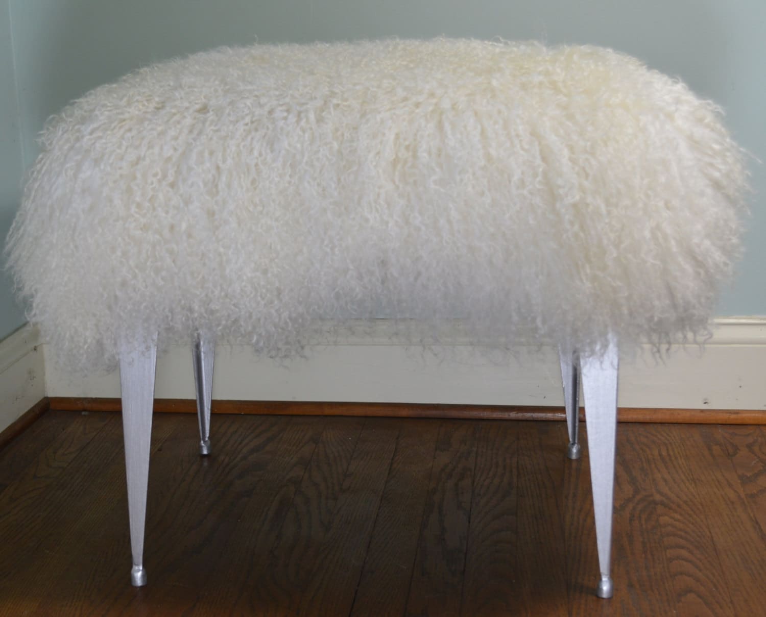 Mongolian Lamb Bench Stool Vanity Seat Ottoman Tibet Wool Fur Mongolian Lamb Bench Stool Vanity Seat, Silver Leg Vanity Stool