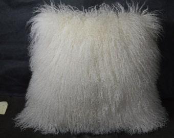 Mongolian Lamb  Pillow 16" Natural White  Sheepskin Fur 16
