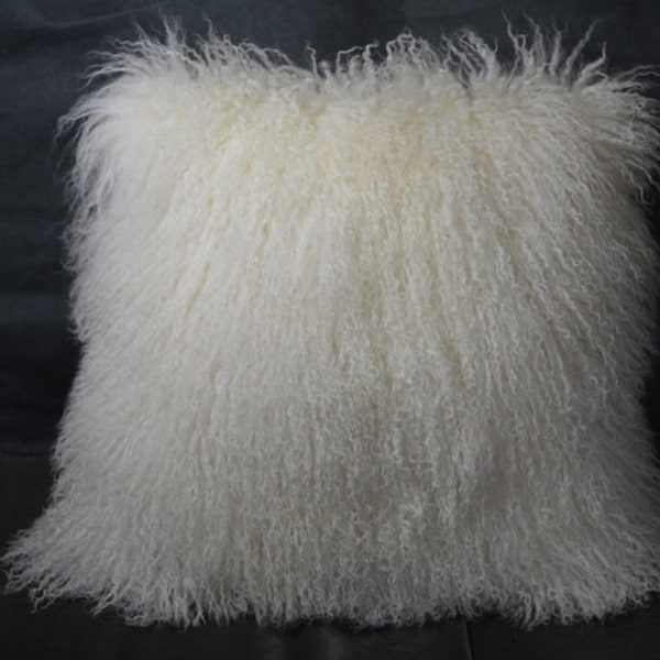 Mongolian Lamb  Pillow 18" Natural White  Sheepskin Fur 18