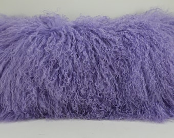 Real Genuine Lavender Mongolian Lamb fur Lumbar lilac  Pillow new authentic tibet sheepskin fur cushion insert included