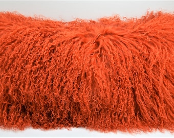 Tangerine Bright Orange Mongolian tibetan Lamb fur Pillow new   authentic Tibet cushion