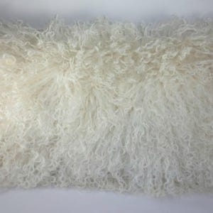 May include: A rectangular, off-white decorative pillow with a shaggy, curly texture. The pillow's surface is covered in long, soft fibers, creating a fluffy appearance. The overall aesthetic is neutral and cozy, suitable for home decor.