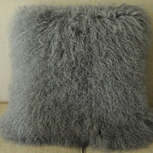 20 &quot; Mongolian Lamb fur Pillow  Grey Sheepskin Fur Gray