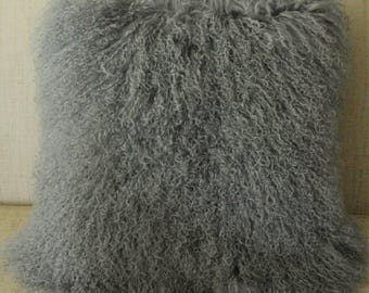 20 " Mongolian Lamb fur Pillow  Grey Sheepskin Fur Gray