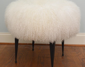 Real Natural Mongolian Lamb Fur Stool Tibet Lamb Bench with iron legs New Sheepskin Ottoman