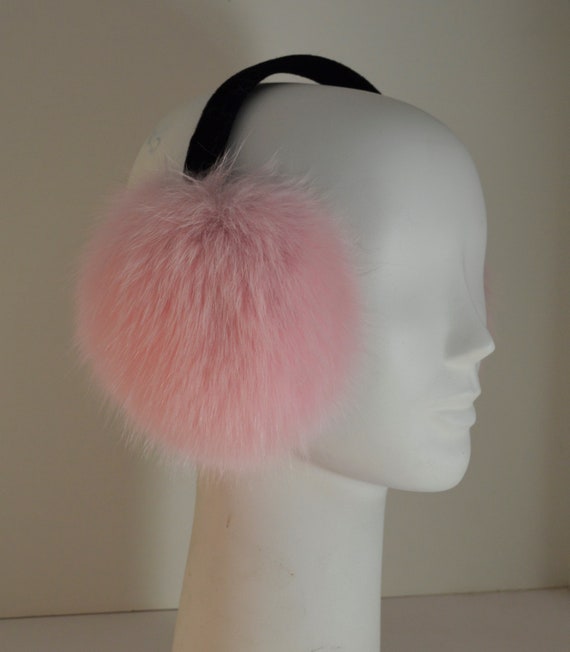 Genuine Fox Fur Earmuffs – Pink Color Foldable | Velvet Band Fox Fur Earmuffs in Pink Indigo at FurSource.com main image 2