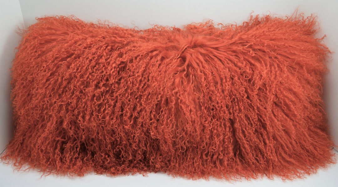 Burnt Orange Mongolian Tibetan Lamb Fur Pillow New Authentic Tibet
