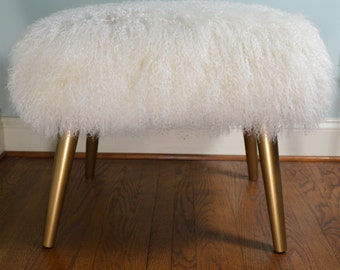 Real Mongolian Lamb Bench Stool  wood legs with gold finish Footstool Ottoman Tibet Lamb Fur New Sheepskin gold wood legs