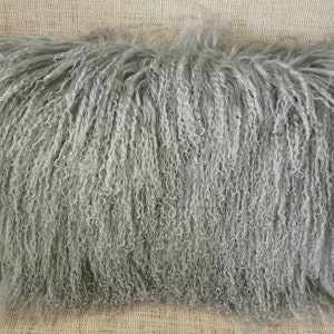 Real Gray Mongolian Lamb fur Pillow Cushion Grey