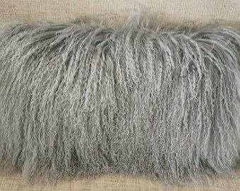 Real Gray Mongolian Lamb fur Pillow Cushion Grey