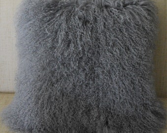 20 " Mongolian Lamb fur Pillow  Grey Sheepskin Fur Gray