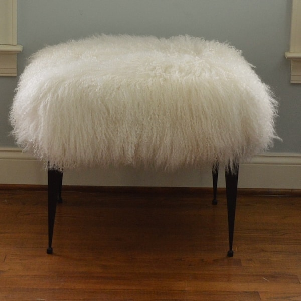 Real Natural Mongolian Lamb Fur Bench Tibet Stool  New Sheepskin Footstool Fur Ottoman foot  stool