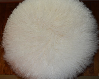 Round Mongolian lamb fur pillow Natural White 18 Tibetan genuine Fur Cushion