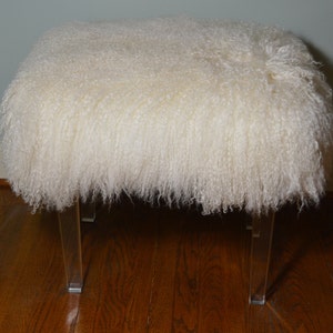 Real Mongolian Lamb Fur Bench Acrylic Legs Tibet Lamb Stool New Sheepskin Footstool lucite Ottoman foot stool image 1