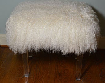 Real Mongolian Lamb Fur Bench Acrylic Legs Tibet Lamb Stool  New Sheepskin Footstool lucite Ottoman foot  stool