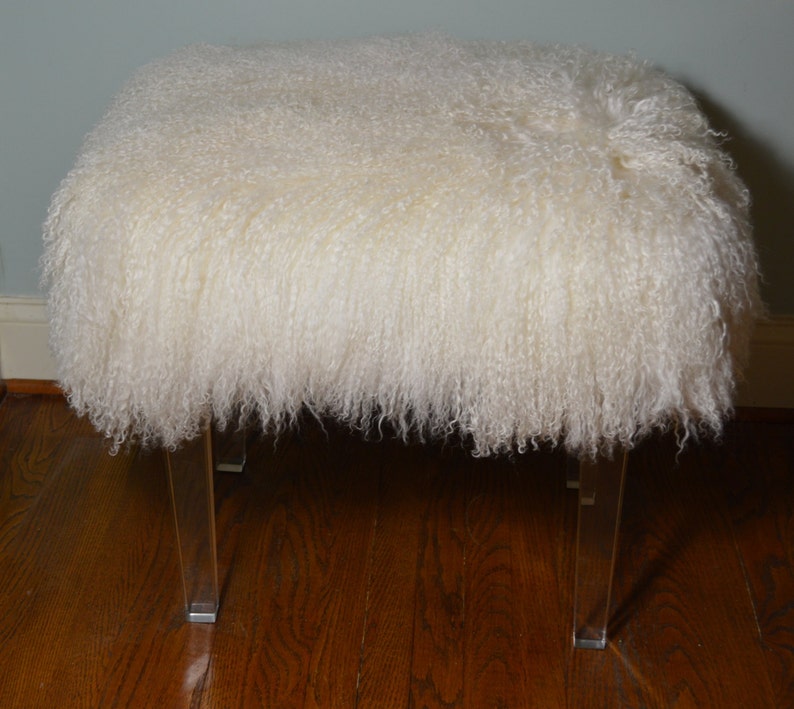 Real Mongolian Lamb Fur Bench Acrylic Legs Tibet Lamb Stool New Sheepskin Footstool lucite Ottoman foot stool image 1