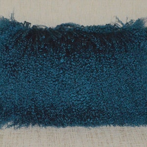Teal Peacock Blue  Mongolian Lamb fur Lumbar  Pillow Sheepskin cushion insert included