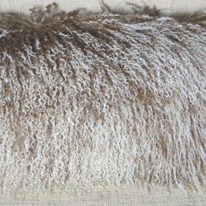 Mongolian Lamb fur Pillow dark Caramel with Natural White Tips new Tibetan Insert Included