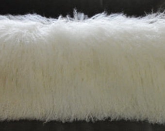 Mongolian Lamb fur Pillow  Natural White 12 x 40 off white Sheepskin Fur wool